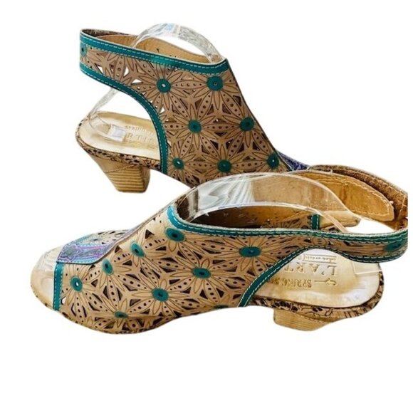 L"Artiste by Spring Step VTG Floral Tan-Teal Laser-Cut Floral Slingback Heels 39 - Picture 1 of 8